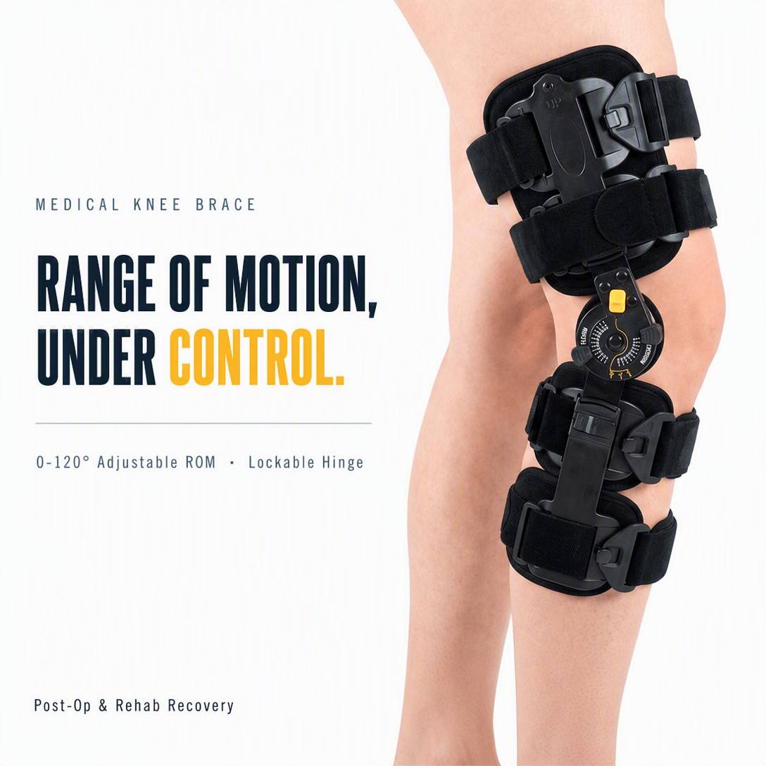 Adjustable ROM knee brace black worn on leg — post-operative knee stabilizer
